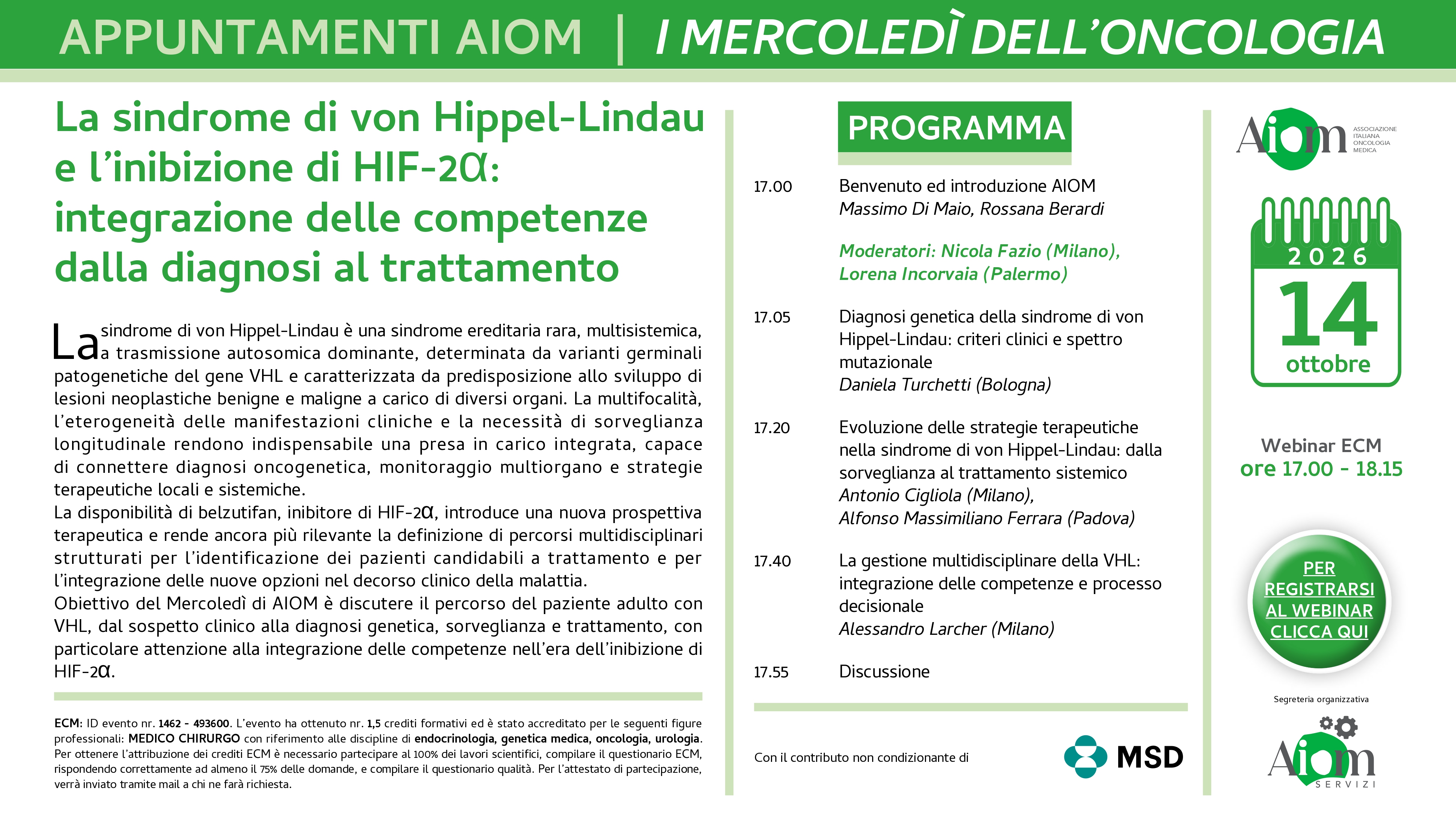 Programma completo del webinar ECM sulla sindrome di von Hippel-Lindau del 14 ottobre 2026